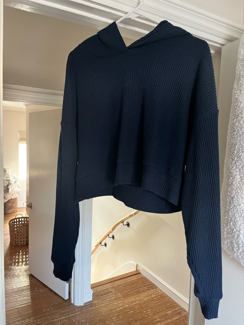 All Ribbed Cropped Hoodie in Navy